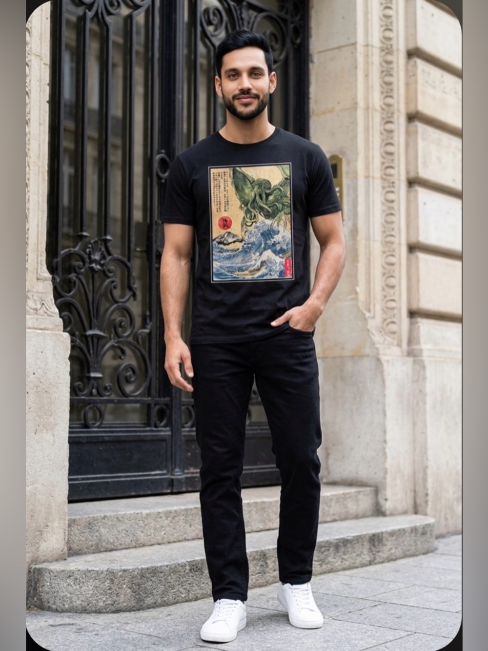 Gildan Black Short Sleeve Tee with Japanese Wave & Green Kraken Graphic